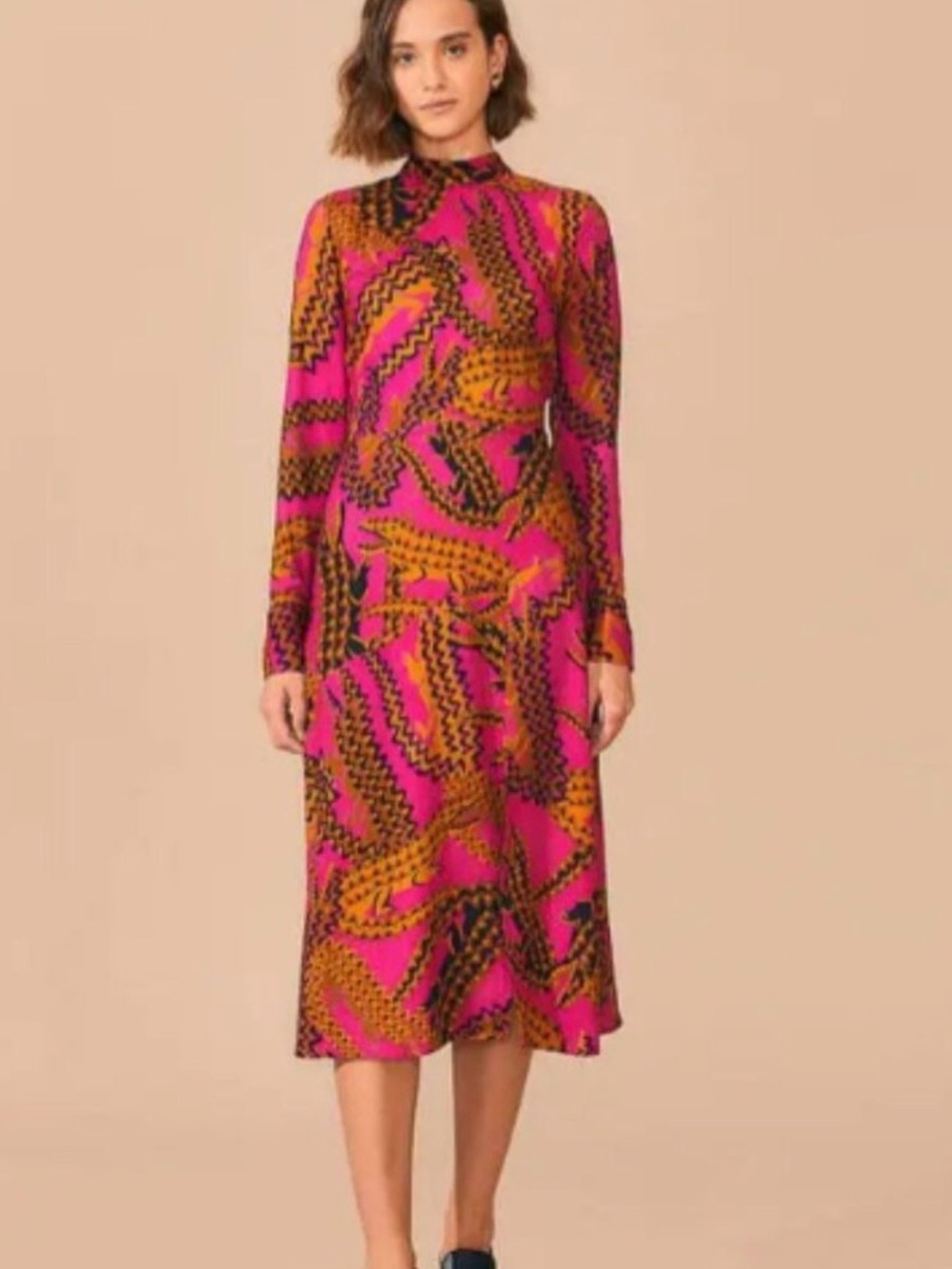 FARM Rio Pink & Orange Abstract-Print Long Sleeve Midi Dress